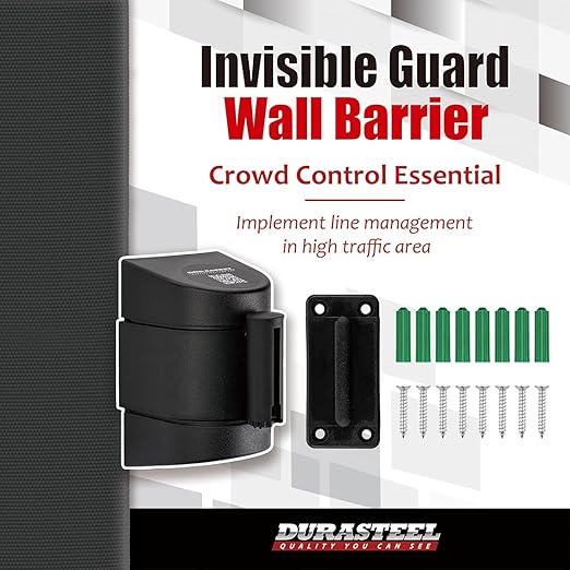 DuraSteel Wall Mount Crowd Control Retractable Belt Barrier - 9.2 Ft Black Retractables Barrier Belt w/ABS Casing Do Not Enter Crowd Control Barriers Line Divider NOT Stanchions with Retractable Belts