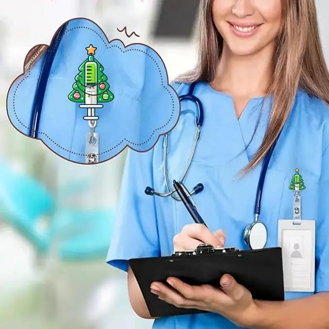 Christmas Badge Reel Xmas Tree Retractable Badge with Alligator Clip Christmas Badge Holder Needle Light String Design 360°Rotating ID Name Holder Clips for Student Nurses Teacher Office Party Favors