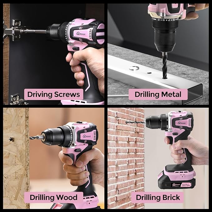 20V Brushless Cordless Lithium-Ion Drill Set, Compact Design, Pink Rechargeable Lithium-Ion Drill Kit, including 2.0Ah Battery, Charger and 3/8-inch Keyless Chuck (Pink)