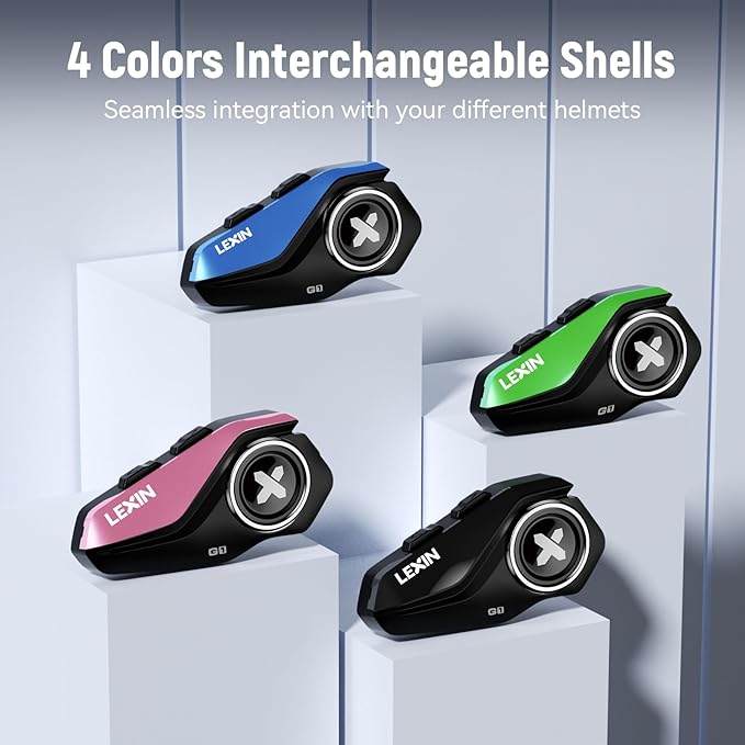 LEXIN G1 Motorcycle Bluetooth Headset, Helmet Speakers with 2 Type Mics, Hands-Free Call/Music/GPS, IP67 Waterproof Motorcycle Headphones with HD Stereo Loud Sound, 4 Color Faceplates, Single Use