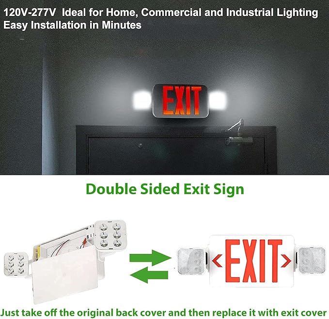 LED Combo Exit Sign Emergency Light, Double Sided Letters with Two LED Flood Lights, Exit Signs for Business with Battery Backup, Fire Resistant, Commercial Grade 100-277V