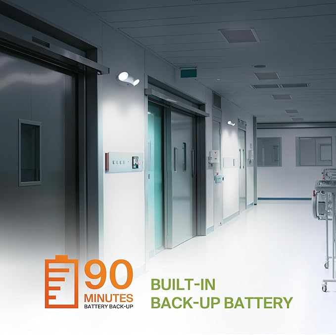 ASD LED Emergency Lights with Battery Backup - 120-277V UL 2.5W Two Round Head Adjustable for Business, Commercial Hardwired Damp Location Emergency Exit Power Outage Lights