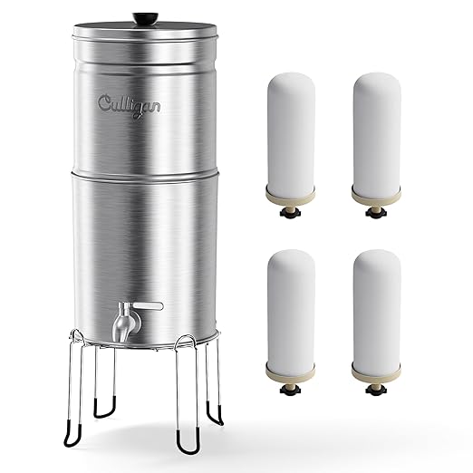 Culligan MaxClear 2.25 Gallon Gravity Water Filter System, Brushed Stainless-Steel Countertop Water Filter NSF/ANSI Certified to Reduce Microplastics, Lead & Total PFAS, with 4 Ceramic Filters