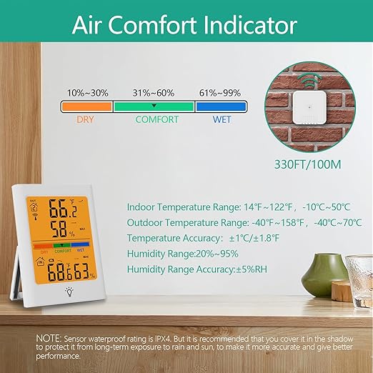 Indoor Outdoor Thermometer Wireless, Digital Temperature Humidity Monitor with 330FT Range Remote Sensor, Automatic Backlight, Comfort Indicator, Max/Min Records for Home, Warehouse (White)