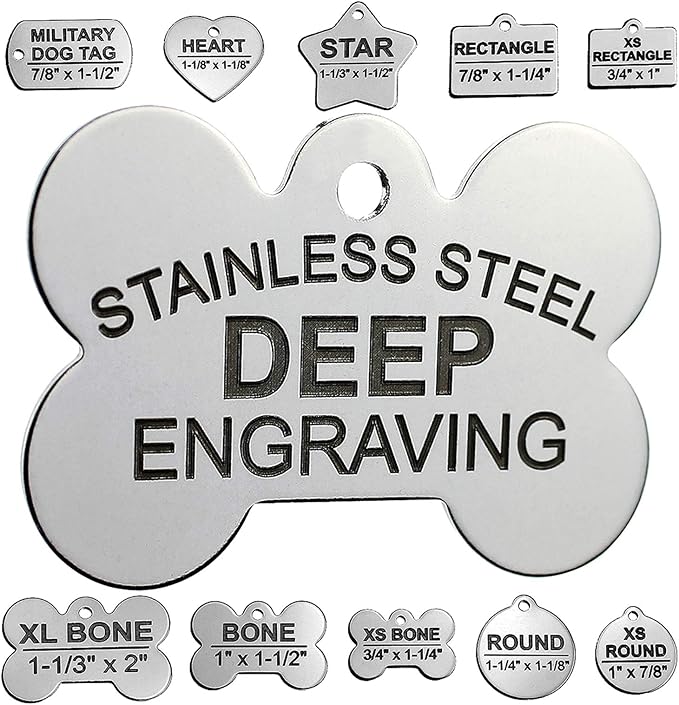 Stainless Steel Custom DEEP Engraved Pet ID Tags Personalized Front/Back Dog Tags for Dogs and Cats - Bone 1" x1-1/2 (2-Side Engraving)