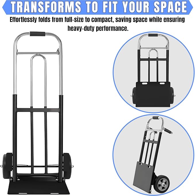 Folding Hand Truck Dolly - 600 LB Capacity, Heavy-Duty Wheels and Compact Design for Moving Heavy Loads in Warehouses, Offices, Homes, and Shopping