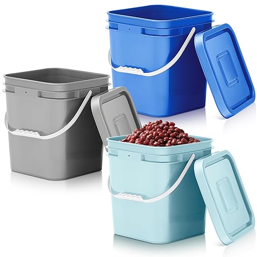 Mumufy 3 Pcs 3.5 Gallon Square Food Grade Bucket with Lid Square Bucket Pail with Plastic Handles for Storing Dry Food, Charcoal, Camping, Fishing (Aqua,Gray,Blue)