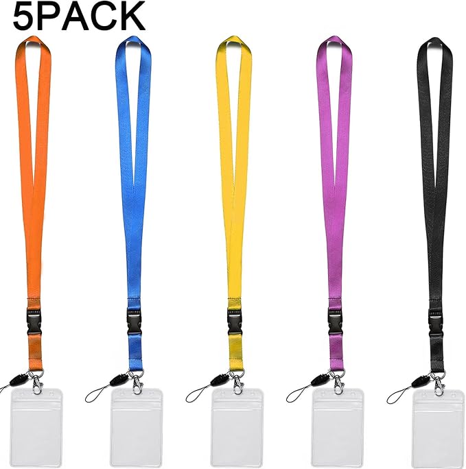 YOUOWO 5 Pack Neck Detachable Buckle Hook Breakaway Lanyards with Clear Vertical Badge Holder,for Office Keys Women Men Cell Phones USB Whistles, Black,Blue,Yellow,Orange,Purple
