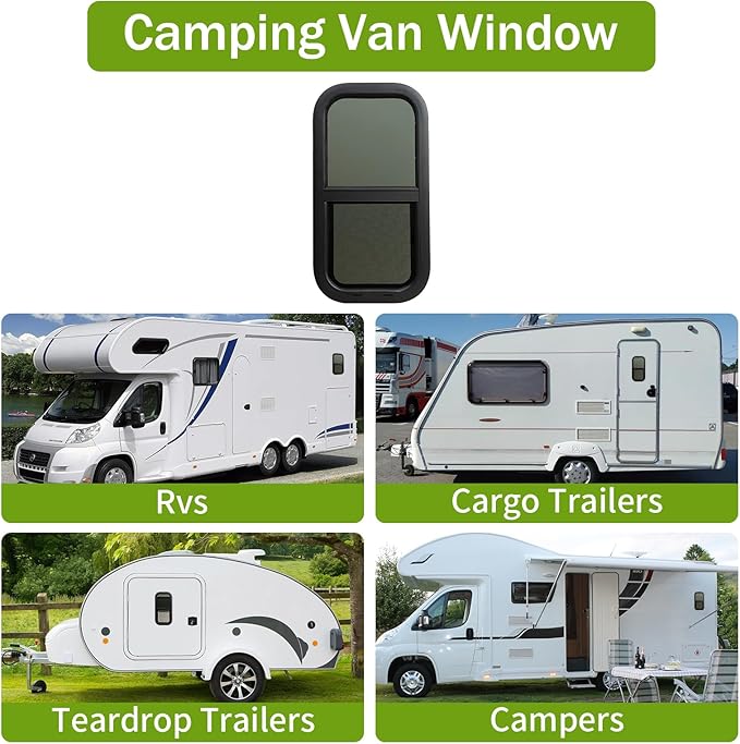 12"x24" RV Window - Vertical Sliding Teardrop Style, DOT-Certified Tempered Glass & Trim Set, Aluminum Alloy Frame w/Mesh Screen