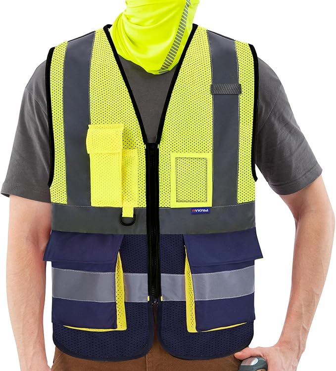 A-SAFETY High Visibility Mesh Safety Reflective Vest with Pockets and Zipper,Hi Vis Viz Reflective Safety Vest(Yellow&Navy Mesh M)