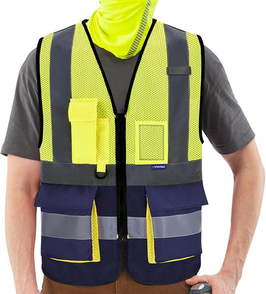 A-SAFETY High Visibility Safety Vest with 4 Reflective Strips 7 Pockets,Yellow&Navy Mesh X-Small