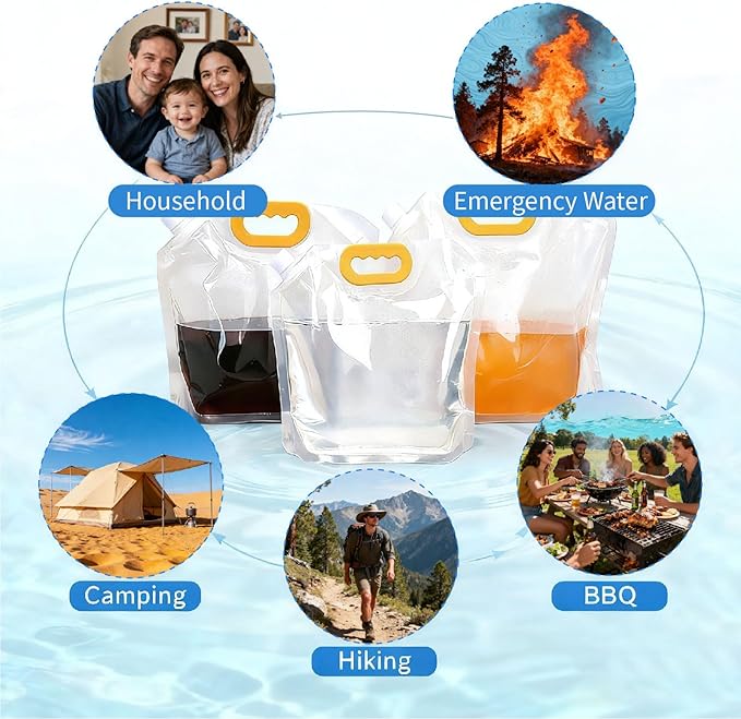 Collapsible Water Container Bag 5 Pcs 1.3 Gallon, Freezable Plastic Foldable Water Pouch with Handles,Leak-Proof Plastic Storage Jug for Outdoor Sport Camping Emergency Survival