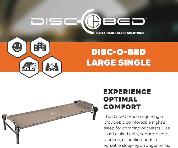 Disc-O-Bed Large Outdoor Modular 1 Person Single Camping Cot Portable Bed for Adults, Sleep Solution for Tents, Tan
