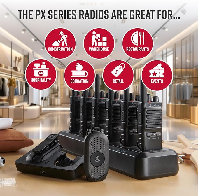 Cobra Business Radio Bundle – 12 Professional Walkie Talkies (6 PX280, 6 PX650) - Compact Long-Range Two-Way Radios, Dock Chargers, IP54 Durable, Rechargeable