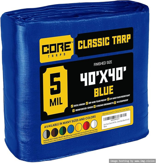 Core Tarps Classic 5 Mil Tarp Cover, Waterproof, UV Resistant, Rip and Tear Proof, Poly Tarpaulin with Reinforced Edges for Roof, Camping, Patio, Pool Cover, Boat (Blue 40′ X 40′)