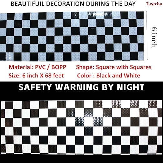 Black White Reflective Tape 6 inch, Outdoor Waterproof Hazard Conspicuity Warning Industrial Marking Tape (68 feet)