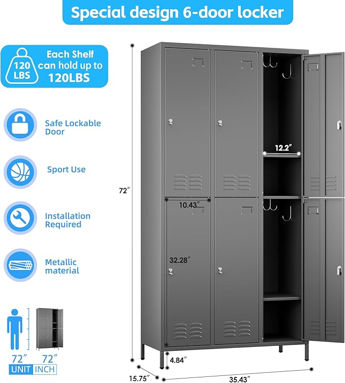 Metal Lockers for Employees with 6 Doors and 18 Hooks, 72”H Storage Locker with Card Slot for Office Gym School Bedroom, Assembly Required, Dark Gray