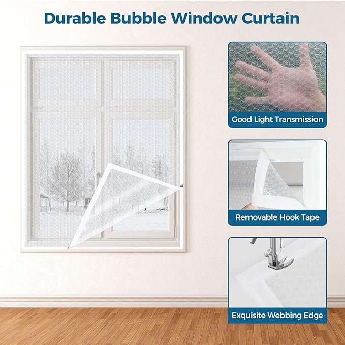 Window Insulation for Winter, Curtain Size 38 Inch x 62 Inch, Thermal Insulated Plastic Bubble for Winterizing, Fits up to 3 x 5 Ft Windows to Keep Warm
