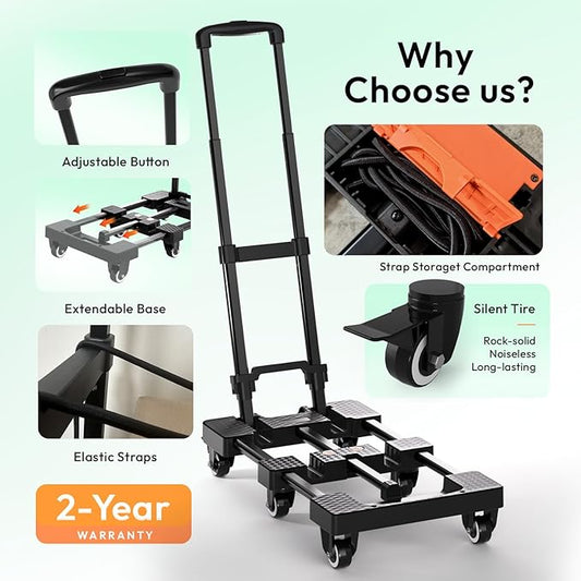 Folding Hand Truck 500lbs, Portable Heavy Duty Dolly Cart, 6 Wheels Collapsible Luggage Cart with 2 Elastic Ropes - Compact Trolley Cart for Easy Moving - Ideal Hand Cart for Travel and More
