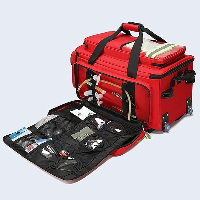 Rolling First Aid Kit Bag with Waterproof Trolley, Large Capacity Trauma Medical Bag for Home Health, EMT, EMS, Doctors, Nurses - Detachable Compartments Included