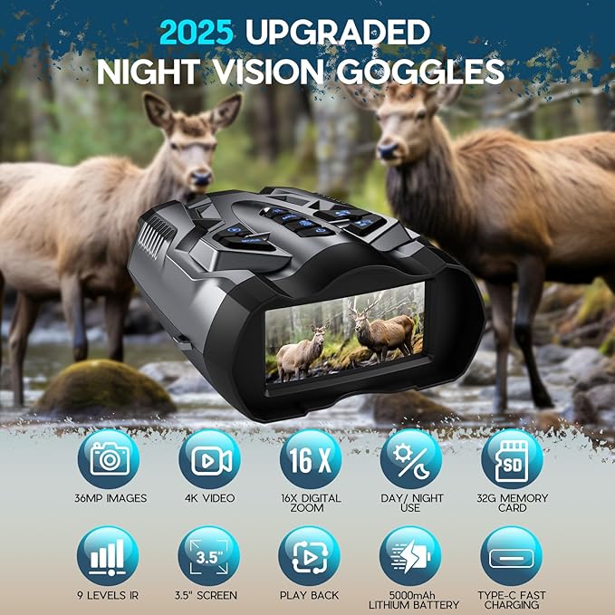 4K Night Vision Goggles for Adults,16X Zoom Night Vision Binoculars with 1000FT Infrared Range,5000mAh Rechargeable Battery,3.5" Screen,Include 32GB Card,Gift for Mens and Outdoor Enthusiasts