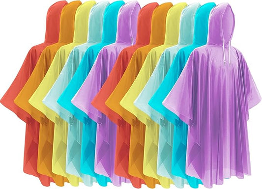 Hitituto Rain Ponchos Family Pack Kids– 6/12/24 Pack Disposable Poncho with Hood, Clear & Assorted Colors, Home Survival Kits