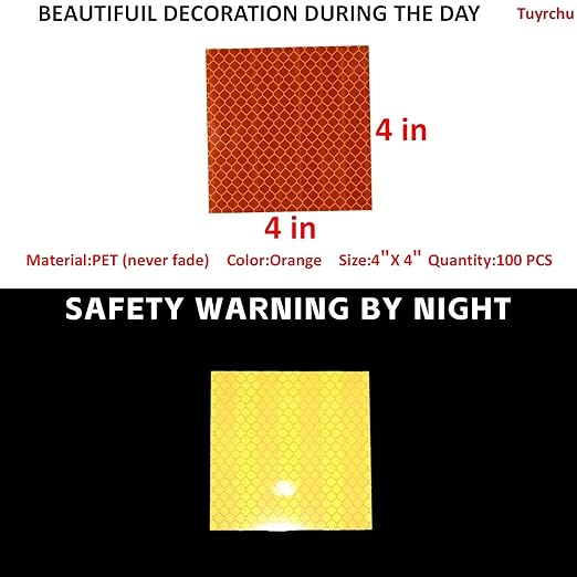 Non Fading Orange Reflective Stickers 4 inch X 4 inch, Outdoor Waterproof High Visibility Warning Safety Adhesive Reflector Tape (100 Pcs)