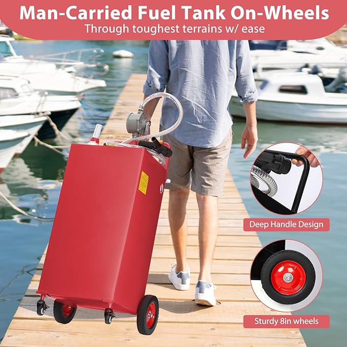 Upgraded 35 Gallon Fuel Caddy, Manual Hand Pump & Easy-Roll Wheels, Heavy-Duty UV-Resistant Steel Tank for Gas & Diesel, Portable Fuel Storage for Tractors, Mowers, Boats