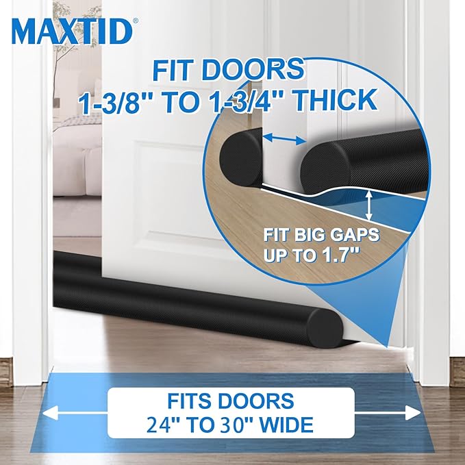 MAXTID Large Door Draft Stopper 30 Inch for Small Size Bedroom Door, Fits 0.5 to 1.7" Gaps Draft Light Blocker Black Door Draft Guard for Bottom of Doors Adjustable Twin Sided Door Draft Stopper