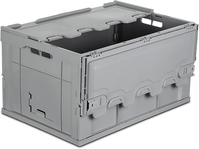 Mount-It! Collapsible Plastic Storage Crate, Folding and Stackable Utility Distribution Container with Attached Lid, 65L Liter Capacity, Pack of 1