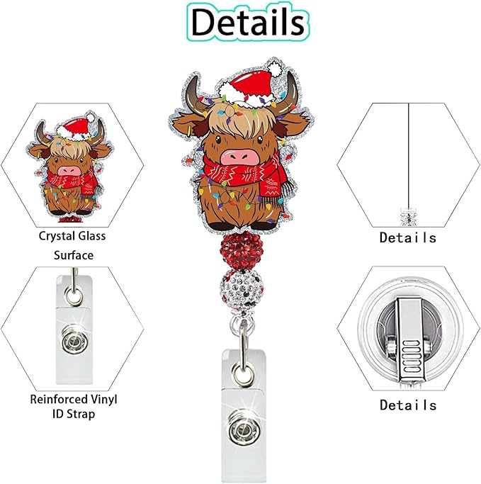 Cow Badge Reel Glitter Christmas Badge Holder Retractable ID Name Tag Christmas Cow Acrylic Badge Alligator Clip with Bead Cattle Badge Reels Animals Xmas Badge Clip for Doctor Nurse Office Staff