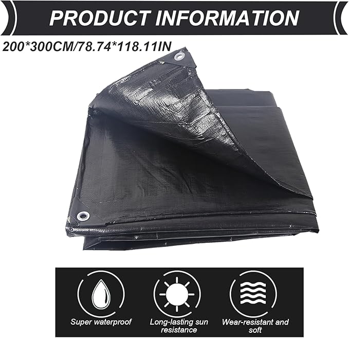 Heavy Duty Tarps Waterproof, 6X10ft Black Tarp, Plastic Tarpaulin with Rope for Outdoors Emergency Rain, Roof, Pool, Boat, Camping, Black Tarp