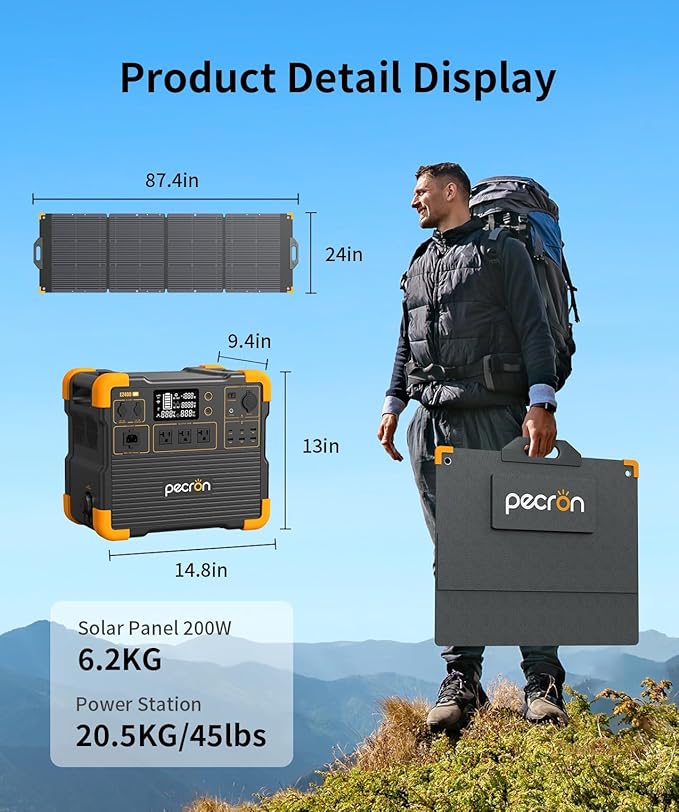 Pecron E2400LFP Portable Solar Generator with Cart Kit, 2048Wh LiFePO4 Home Battery Backup, 3 AC Outlets 2400W Portable Power Stations for Camping, RV, Emergencies, Power Outages