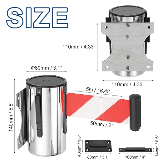PATIKIL Fixed Wall Mount Retractable Belt Barrier, 2 Pcs 16.4 Feet Fixed Retractable Belt Barrier with Steel Case for Crowd Control Grocery Retail Store Stadium, Silver Tone/Red/White
