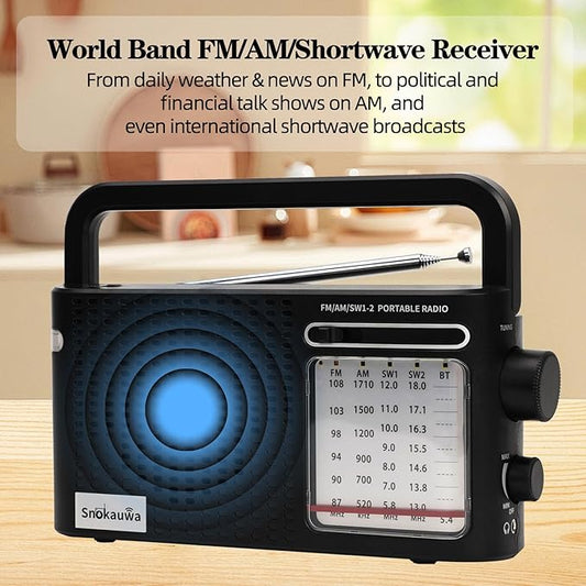 Portable Weather Radio AM FM SW,Wall Plug and Battery Powered,with Bluetooth,Big Speaker,Large Dial,High/Low Tone Mode,Earphone Jack,Flashlight,for Home,Picnic,Gifts for Seniors Elderly