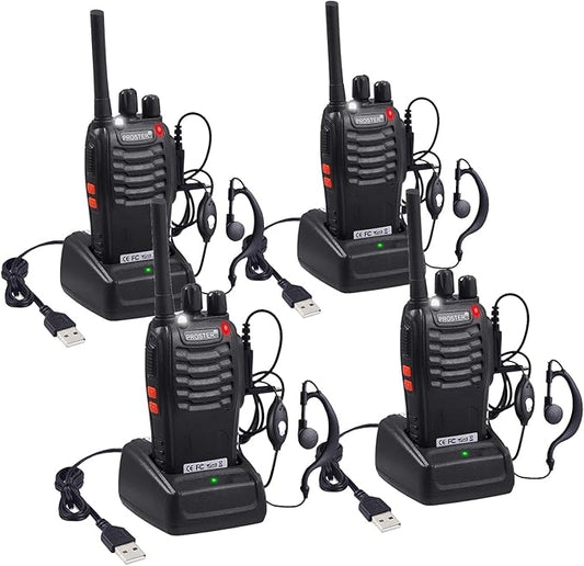 Proster Rechargeable Walkie Talkies 2 Pair - Long Range Two Way Radios 16 Channel Handheld Walky Talky with Flashlight Li-ion Battery and Charger