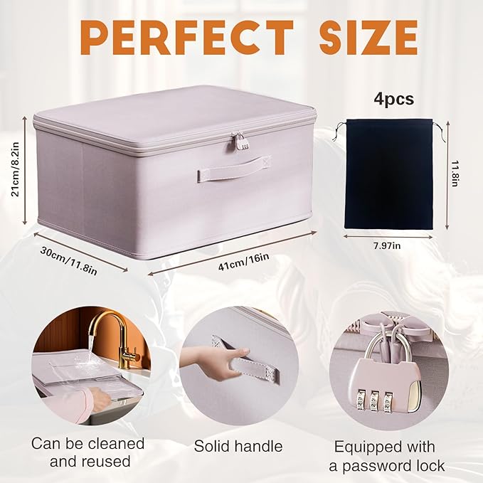 Locking Adult Game Toy Storage Organizer Lock Box Toy Storage Bins Women and Men Game Toys Storage Bags with 4 Drawstring Bags, Large capacity 16 x 11.8 x 8.2 Inches (Gray pink)