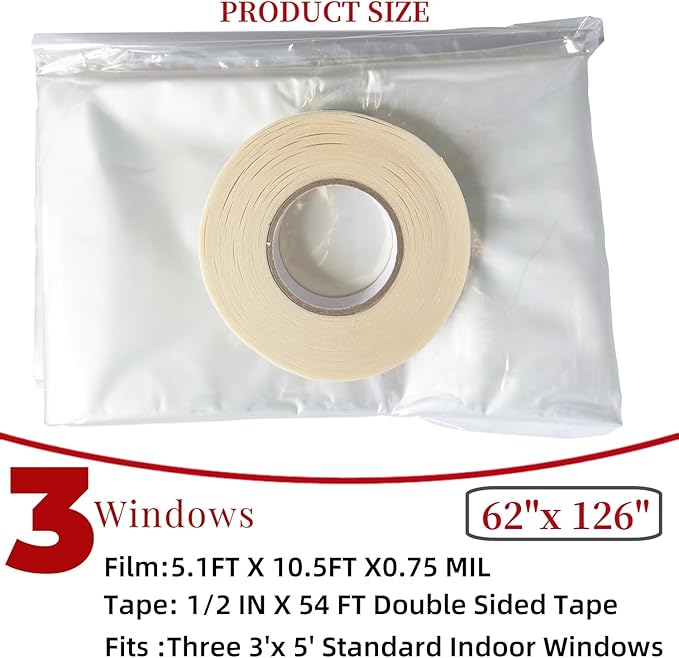 3-Window Shrink Film Window Insulation kit（62-Inch x 126-Inch），Insulating Film Window Kit Keeps Cold Air Out and Warm Air in (3 Windows)