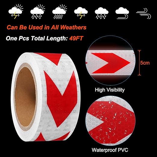 PATIKIL Reflective Tape, 2 Inch x 49 ft Waterproof Self Adhesive High Visibility Safety Warning Arrow Tape Outdoor Reflectors for Trucks Trailers Cars, White Red