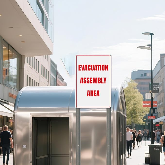 Evacuation Assembly Area Sign 12 × 18 Inches Pre-Drilled Holes Waterproof Signage Aluminum Metal Reflective Warning Notice for Business Factory Warehouse