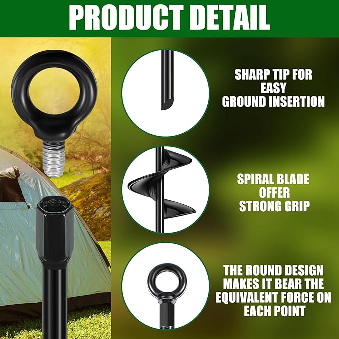 Lasnten 12 Pcs 30 Inch Heavy Duty Ground Anchor Spiral Blade Earth Anchor Kit Metal Anchor Hook Beach Sand Stakes Camping for Securing Animals, Shelters, Tents, Canopies (Black)