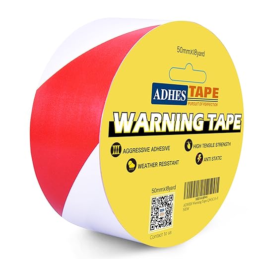 ADHES Hazard Tape Safety Warning Red White Stripe PVC Self Adhesive Caution Tape, for Floor Marking, Walls, Pipes and Equipment Marking, 2 Inch X 54 Feet