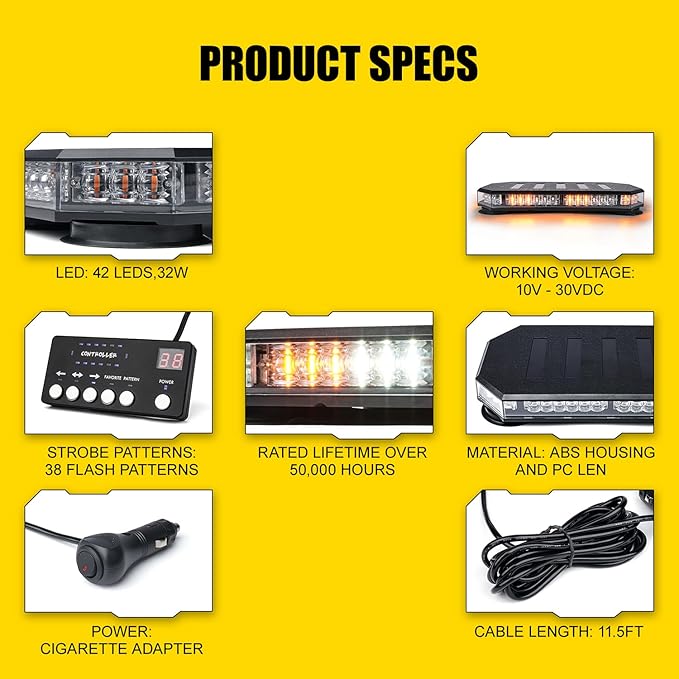 LUMENIX 42 LED Roof Top Strobe Beacon Light Bar Hazard Warning Emergency Flashing Plow Lights with Controller for Construction Vehicles Tow Trucks Postal Cars Snowplow Amber White (Patent Design)