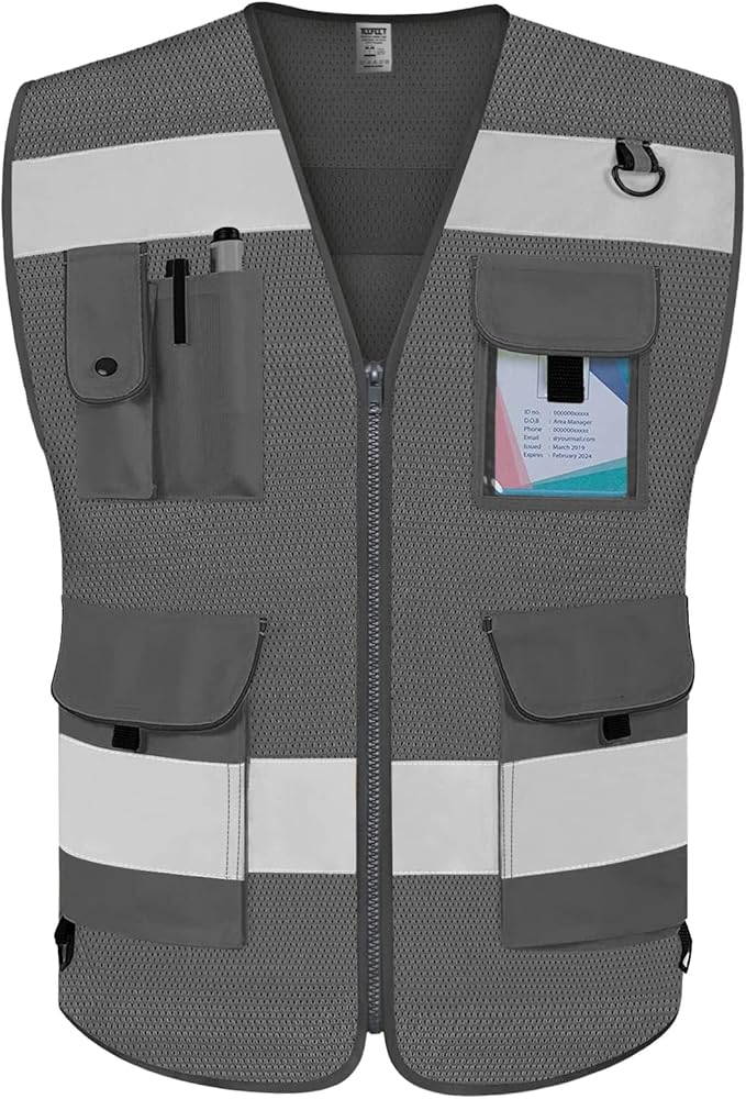 TCCFCCT Mesh Grey Safety Vest for Men Women 9 Pockets High Visibility Vest for Safety, Reflective Vest for Construction Work, Hi Vis Vest with Reflective Strips, Meet ANSI/ISEA Standards, Large