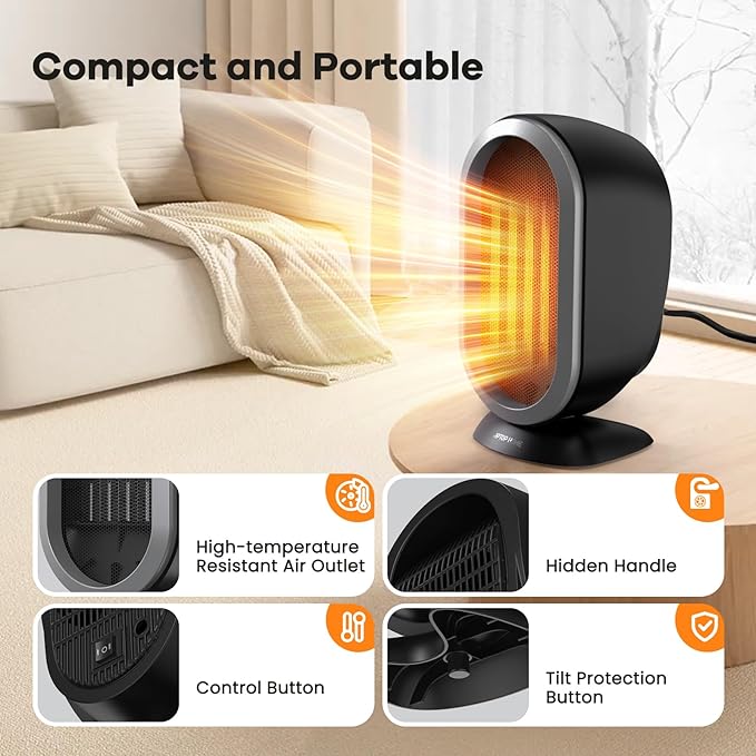 Space Heater, 1200W PTC Fast Heating Ceramic Room Small Heater, Two-Speed Portable Heater Fan with Adjustable, Overheating Protection, Dumping Shutdown, Electric Heaters for Home Bedroom, Office