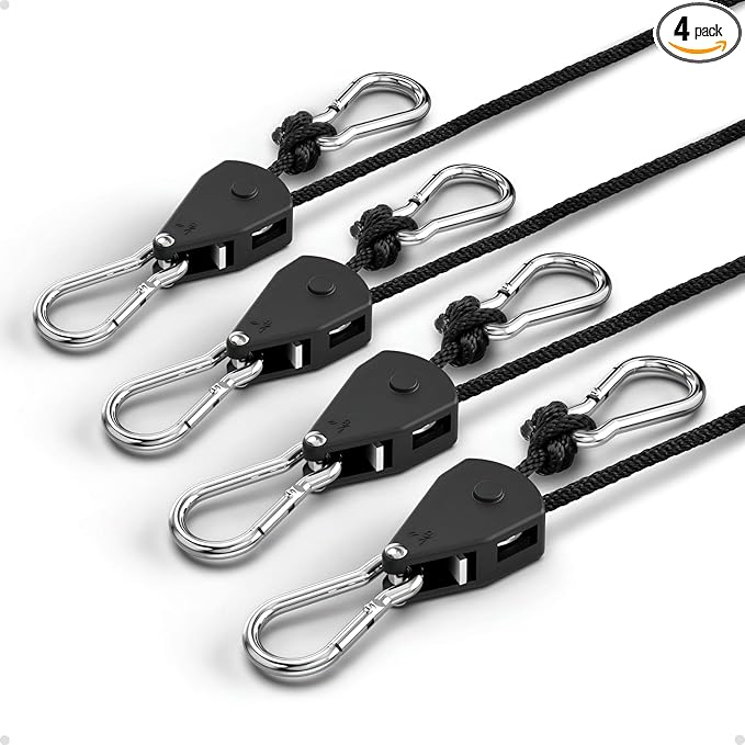 1/8" Rope Tie Down Ratchet: 4 Pack of Adjustable Grow Light Hangers - Small Ratchet Straps for Various Hanging and Strapping