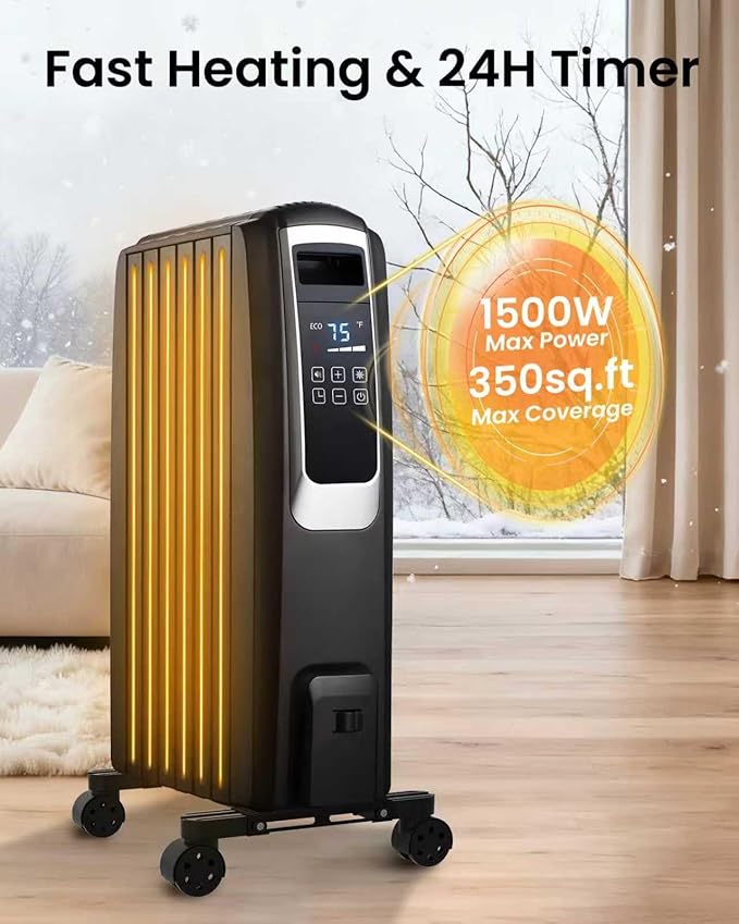 Oil Filled Radiator Heater, Electric Radiant Heaters for Indoor Use Large Room, Portable Space Heater with ECO Mode, Quiet Heating with Remote Control, 24H Timer, Tip-over & Overheat Protection