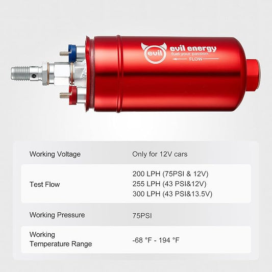 EVIL ENERGY External Inline Fuel Pump Electric 300LPH High Flow 12V with 60 mm Bracket Clamp Red