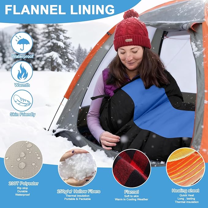 Heated Sleeping Bag for Adults, Electric Warm Bag with 3 Adjustable Heating Levels, USB Powered Heating Pads Adjustable Hood, 0 Degree Sleeping Bag Keep Warm for Cold Weather Camping Outdoor Hiking