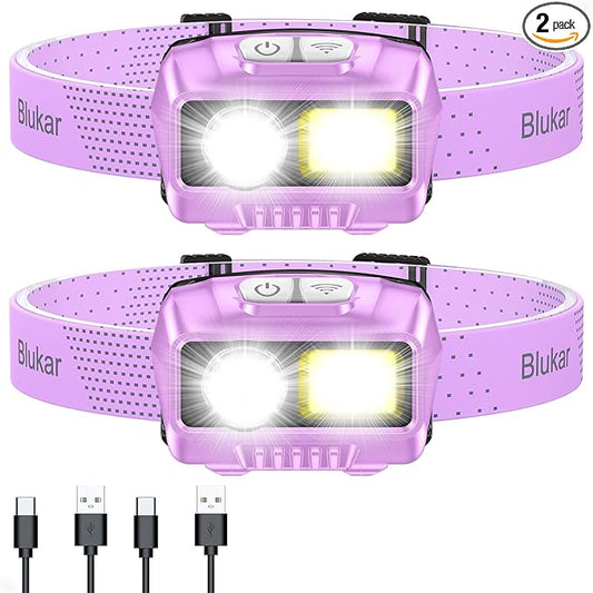 Blukar LED Headlamp,2000L Super Bright Rechargeable Headlight Flashlight with White&Red Light 2 Pack - Motion Sensor,Dimmable Brightness,8 Modes,Spotlight&Floodlight,IPX5 Waterproof for Camping-Purple
